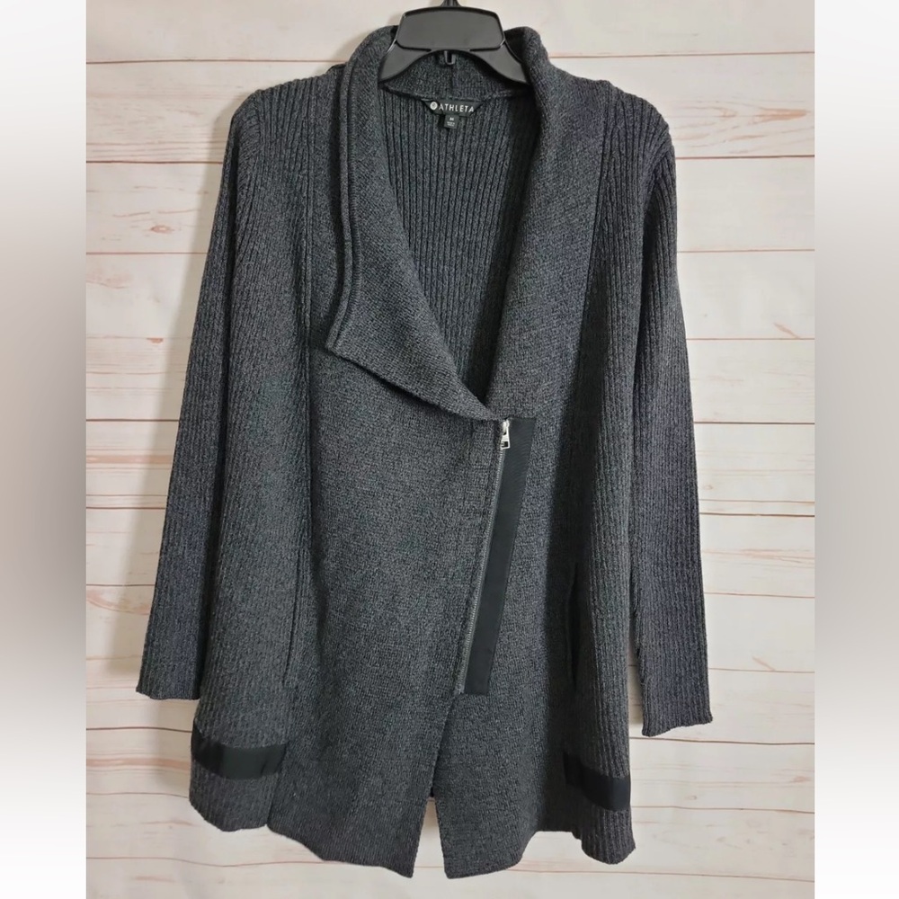 Athleta Gray Ribbed Merino Wool Thermolite Sentinal Zip Sweater Medium